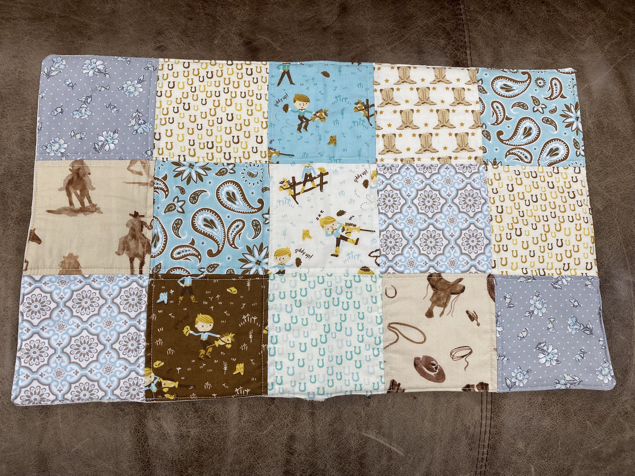 Handmade Doll Quilt Western Style. Brown, Blue, White, And Gray