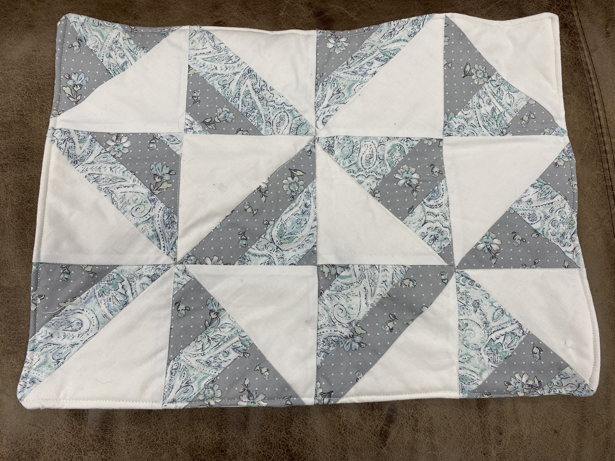 Handmade Doll Quilt. Blue, Gray, And White.