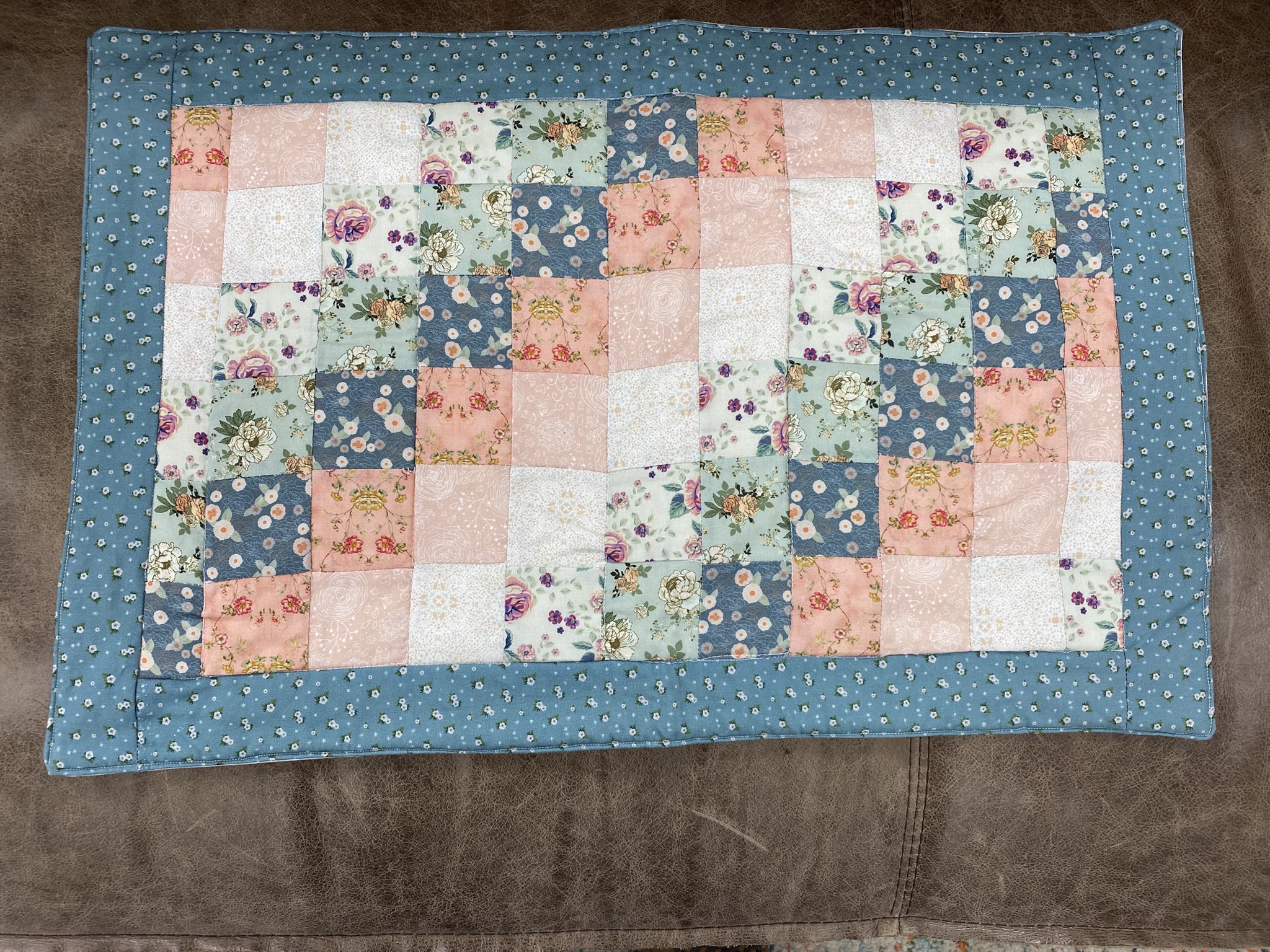 Handmade Doll Quilt Blue, Teal, Pink, White, And Peach