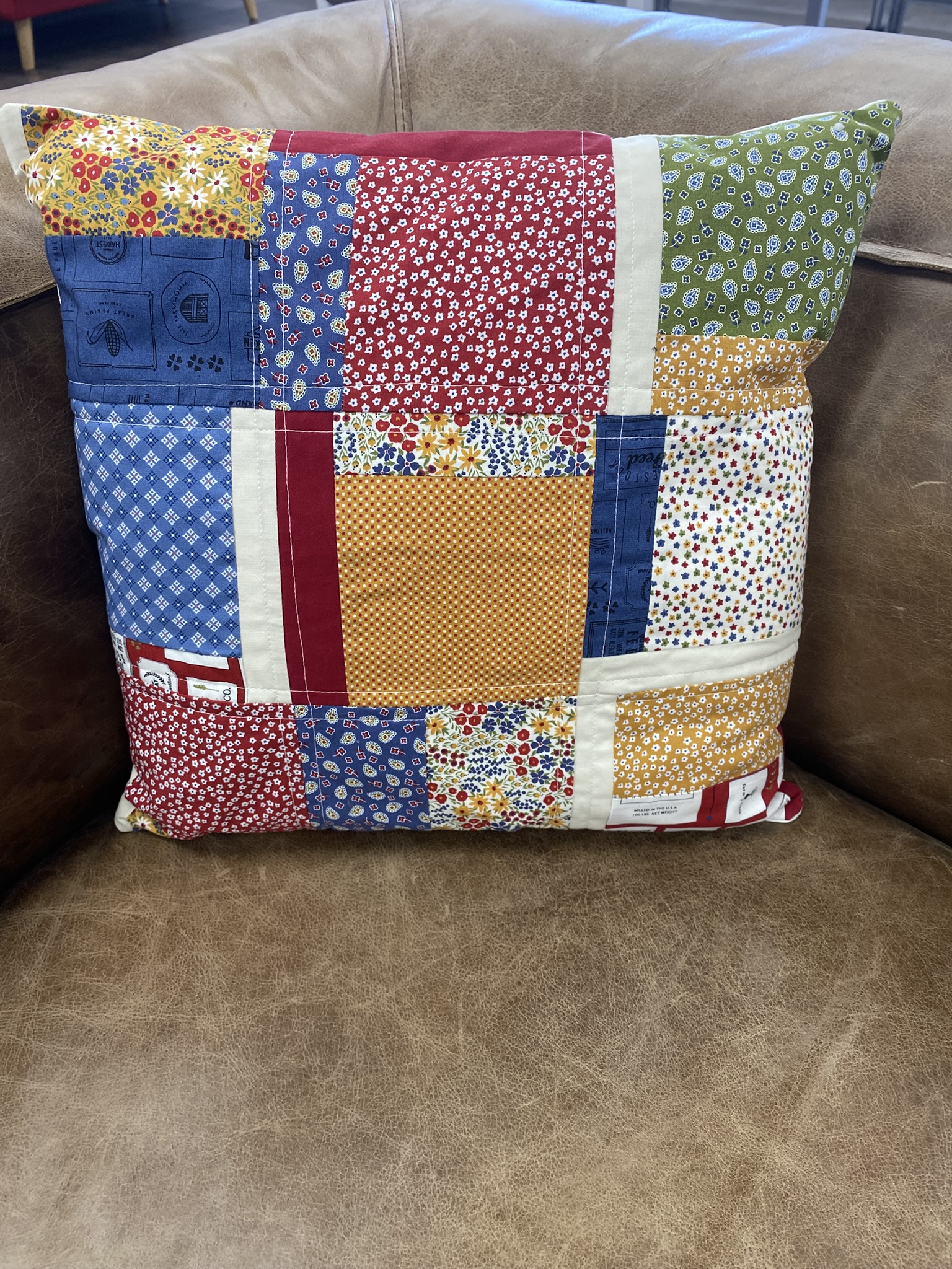 Handmade Quilted Patchwork Pillow Farmers Market Style-Blue Yellow, Red, Green And Orange