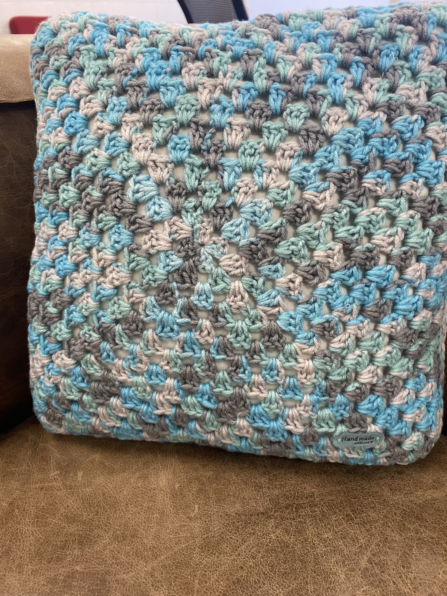 Handmade Crochet Pillow- Gray, And Blue - Image 3